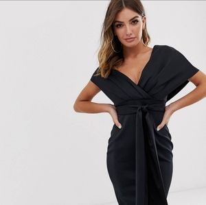 ASOS Fallen Shoulder Midi Pencil Dress with Tie in Black Size 6